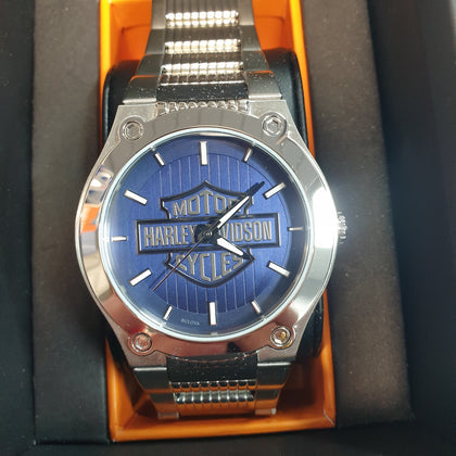 Harley-Davidson® Men's Blue Patterned Bar & Shield Stainless Steel Watch 76A159.