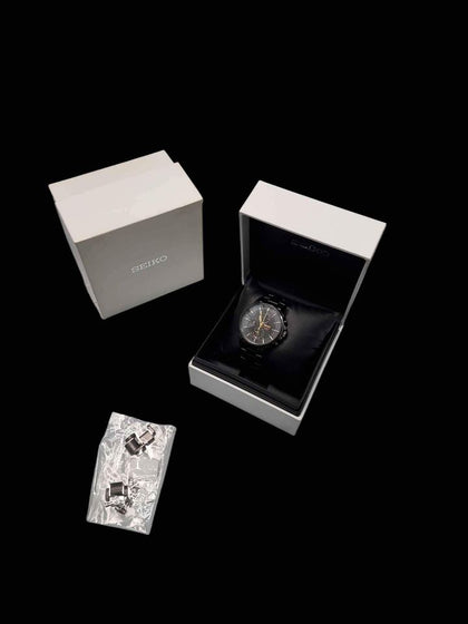 DX Seiko SNAF07 WR100M Quartz Chronograph Gents Watch - Black - Steel Bracelet - Boxed With Links