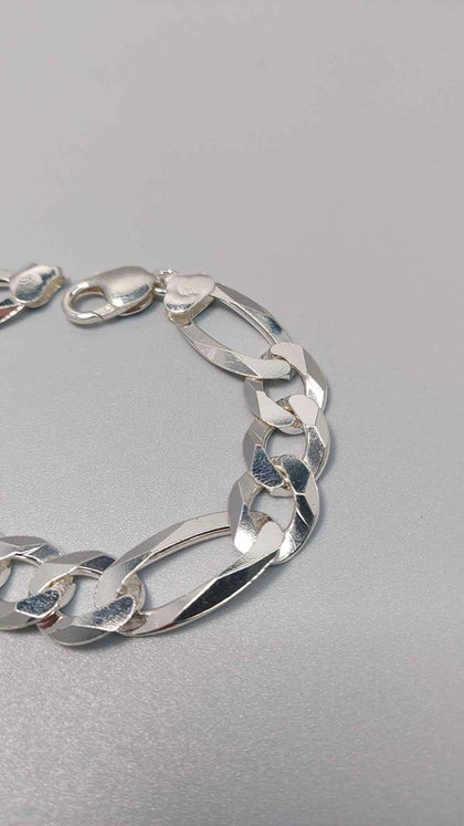 925 Sterling Silver Thick 3 In 1 Figaro Bracelet - 30.93 Grams - 8