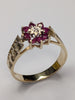 9ct gold diamond & red stone floral ring