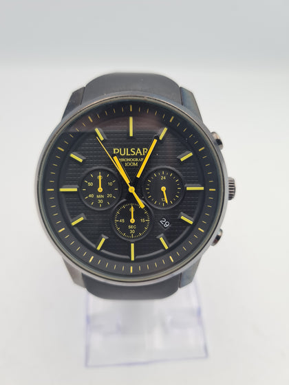 Pulsar W4228 Men's black/yellow Chronograph Quartz Watch with rubber strap, manual and original box