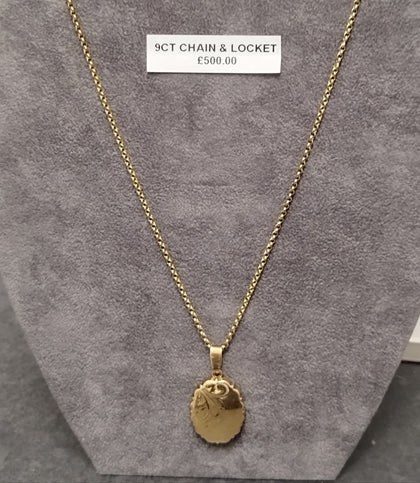 9ct Yellow Gold Oval Locket & Belcher Chain - 29.5