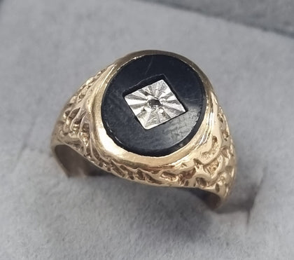 9CT GOLD RING BLACK STONE DIAMOND SIZE L LEYLAND