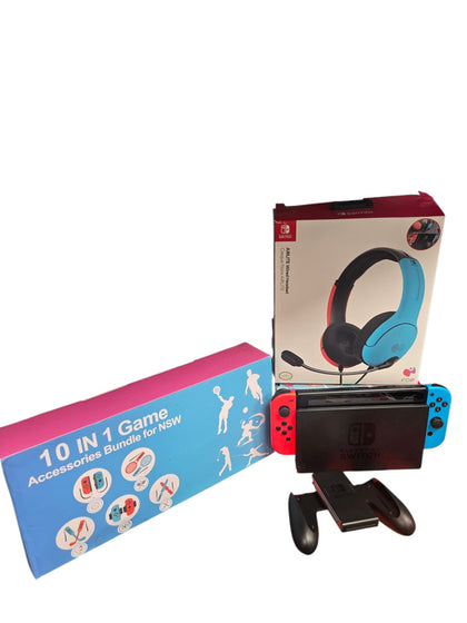 Nintendo Switch V2 - Neon Red/blue  + Headphones & Accessories