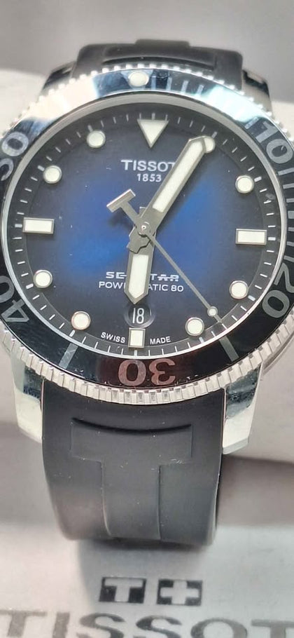 DX TISSOT SEASTAR POWERMATIC 80 - Gents Automatic gents watch Blue Dial White numerals Brushed steel