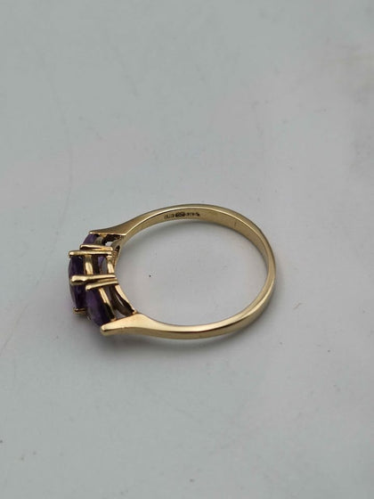 9ct Yellow Gold Three Stone Amethyst Ring – Size Q – 1.88g Classic Trilogy Design