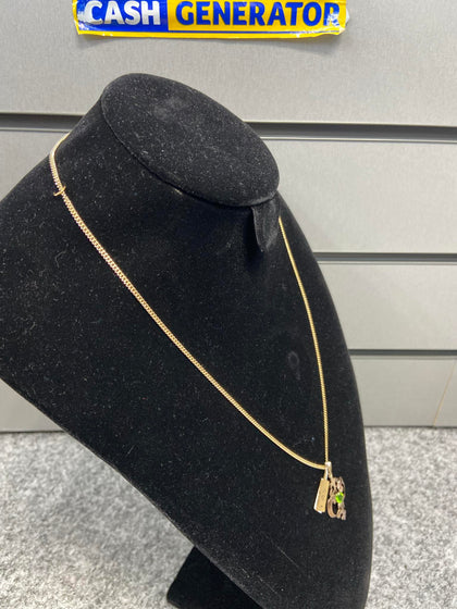 9ct Gold Fine Curb Chain and Fancy Green Stone Pendant 8.4g 22