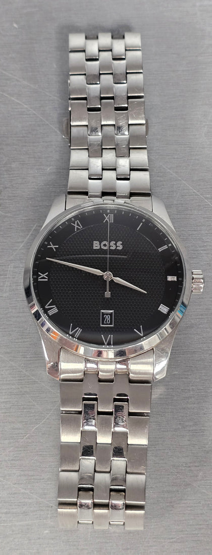 Boss Watch Black Dial + Silver Numbers. Stainless Steal Band ***Boxed With Extra Links***