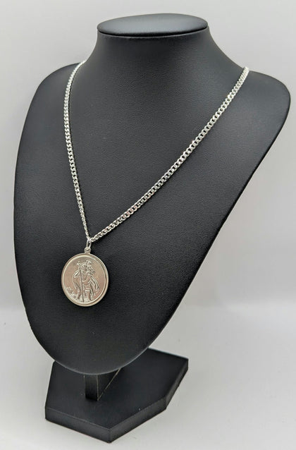 !!BRAND NEW!! 925 Hallmarked, Sterling Silver, St. Christopher Pendant on Curbed Chain, 22