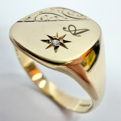 9ct yellow gold and diamond signet ring with the letter A W 1/2