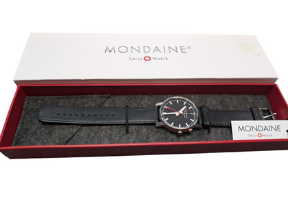 MONDAINE EVO2 WATCH BOXED WITH BLACK LEATHER STRAP PRESTON STORE