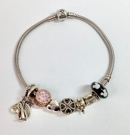 Pandora snake chain logo clasp with 8 charms