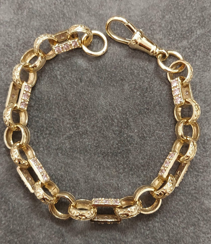 9ct Solid Yellow Gold Ornate Belcher Bracelet Set with Pink CZ Stones - 7.5