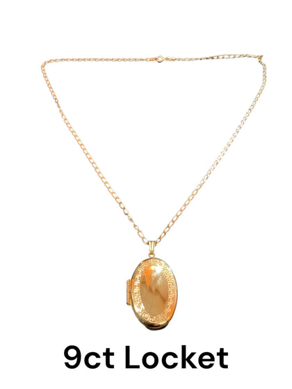 9ct Greek key large locket & chain