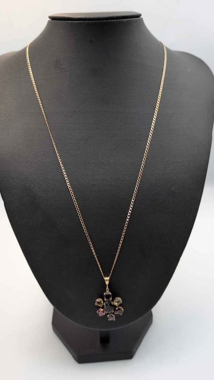 9ct Yellow Gold Curb Chain Necklace Multi Gem Flower Pendant - 24
