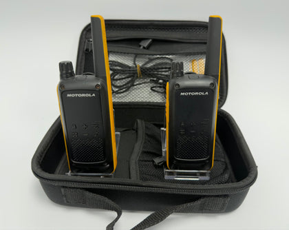 Motorola T82 Extreme Walkie Talkies Pair  + Case , Cables