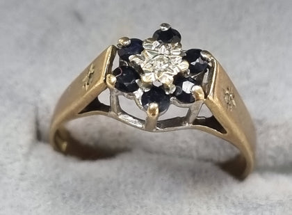 9ct Gold Ring Diamond and Dark Blue Stones Size K