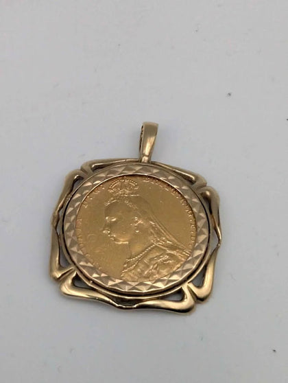 22CT Yellow Gold Victorian 1890 Full Sovereign Coin With 9ct Pendant Mount - 11.63 Grams