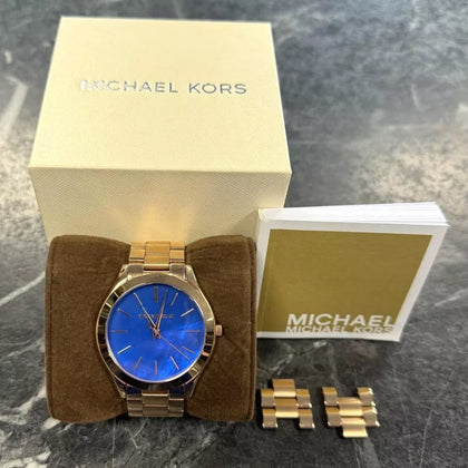 Michael Kors Womens Watch Slim Runway MK-3494 Gold S.Steel Blue Dial.