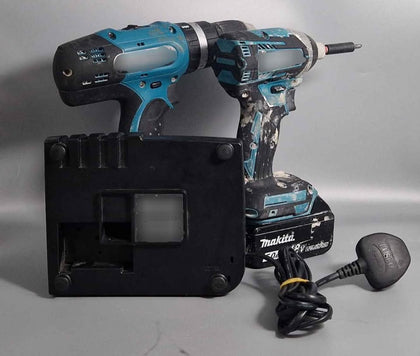 Makita DHP453 Combi Drill, Impact Driver DTD154 with 2x Batteries and Charger