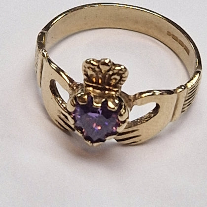 9CT GOLD CLADDER RING WITH PURPLE HEART STONE  SIZE P PRESTON STORE