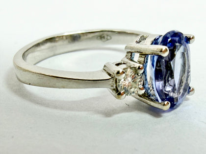 18ct white gold three stone Tanzanite and diamond ring size J