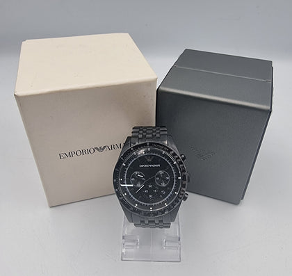Emporio Armani AR5989 men's black chronograph watch with original box and papers