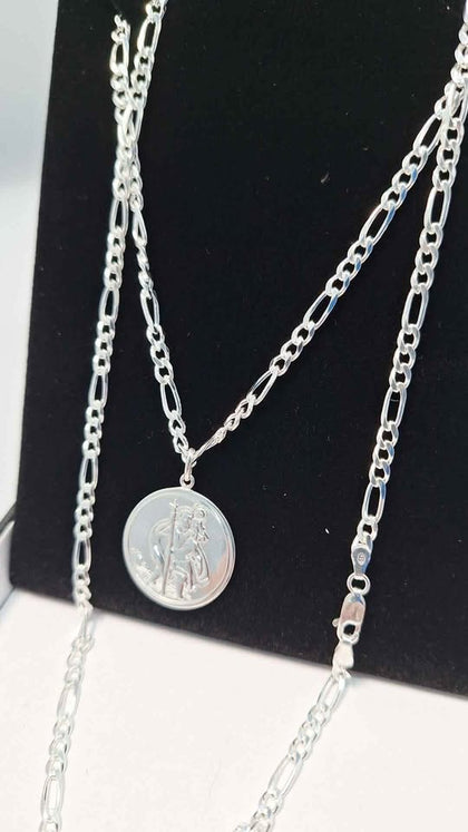 925 Sterling Silver 3-In-1 Figaro Chain Necklace With St.Chris - 24