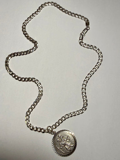 Silver Curb Chain with St Christopher Pendant 18”