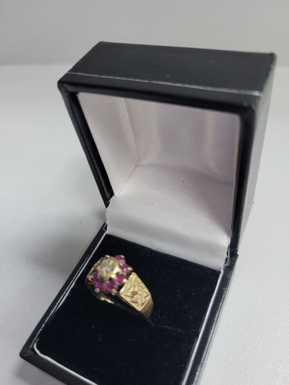 9K Gold Flower Ring & Diamond Ring, Hallmarked (3.20g) Size: N.