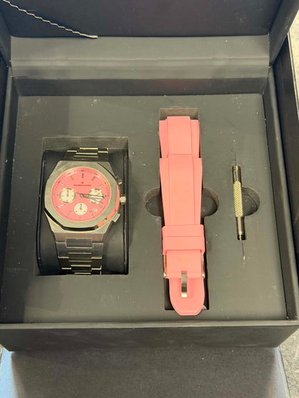 Maughan Jones chronograph watch featuring a bright pink dial