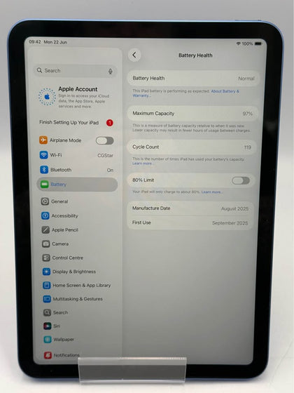 APPLE IPAD A16, 128GB, 11” BLUE, WIFI ONLY, UNBOXED, 97 BAT CAP
