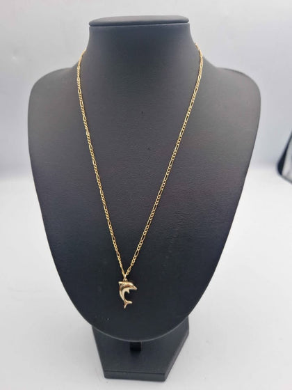 9ct Yellow Gold Thin 3-In-1 Figaro Chain Necklace With Dolphin Pendant - 1.90 Grams - 18