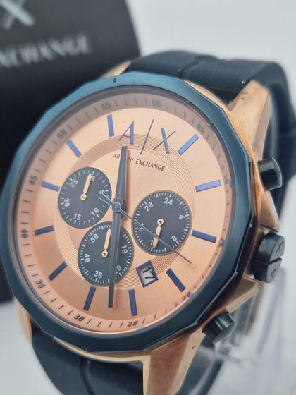 Armani Exchange Hampton Chronograph Rose Gold Dial Blue Silicone Strap Watch For Men - AX1730