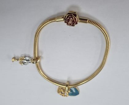 Pandora Gold Disney Beauty and The Beast Enchanted Rose Snake Chain with 2 charms 18cm