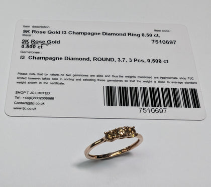 9CT ROSE GOLD/CHAMPAGNE TRIPLE DIAMOND RING .50PTS SIZE R