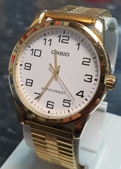 Casio Men's, Expanding Stretch strap, White Dial, Gold Bezel Watch MTP-V001GL-7BUDF