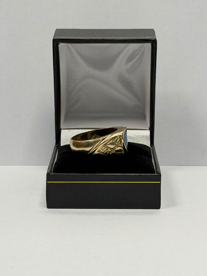 14ct Gents Gold Ring, Blue/Green stone ( Size T ) 9.42g - ** Hallmarked **
