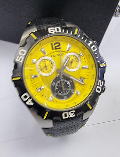 Accurist - Gents Black Leather Strap Watch with Yellow Chronograph Dial
