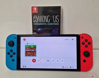 *Sale* Nintendo Switch OLED - Neon Blue/Neon Red with  64Gb Mem card, Among Us  & Minecraft Games