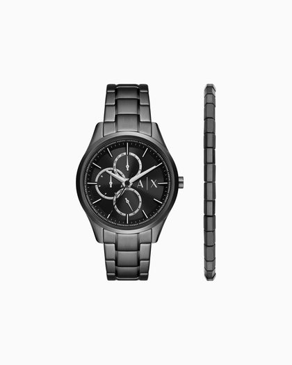 Armani Exchange Multifunction Black Stainless Steel Watch and Bracelet Set in Black