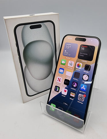 Apple iPhone 15 128GB black unlocked boxed smartphone 100% batt health