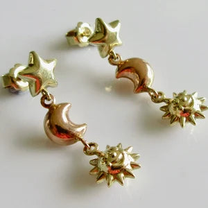 Vintage 9ct Yellow and Rose Gold Star Moon Sun Drop Stud Earrings