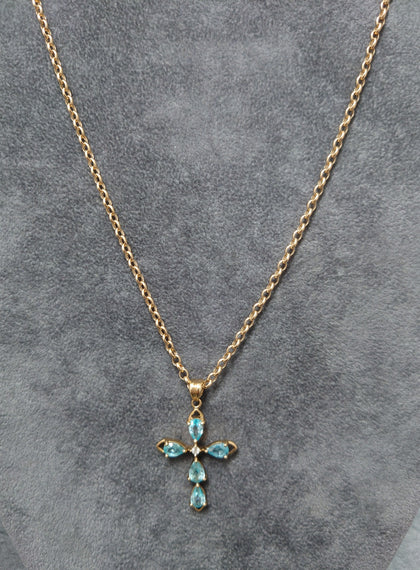 9ct Yellow Gold Cross Claw Set With Pale Blue Stones  & Belcher Chain -  16