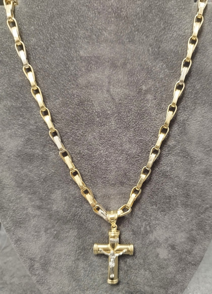 14ct  Yellow & White Hollow Long Link Chain & Crucifix