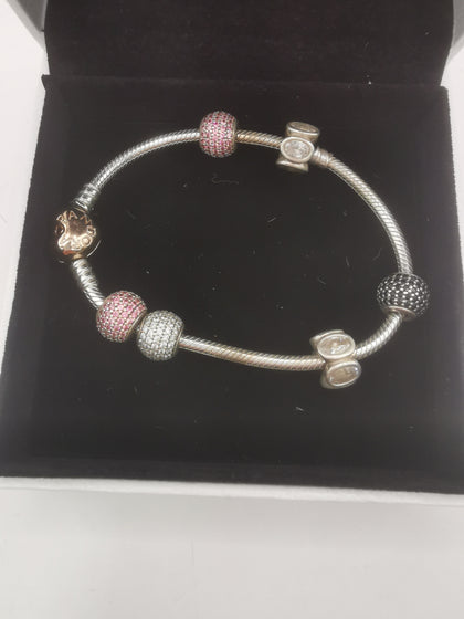 Pandora Bracelet with 6 charms and rose plated heart clasp Hallmarked(ALE) and Boxed