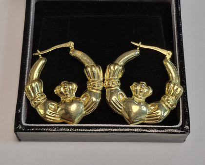 Beautiful 9ct Yellow Gold Claddagh Earrings - 3.97G - 3cm - Hallmarked