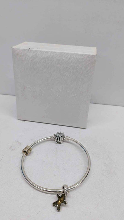 Pandora (ALE 925) Sterling Silver Bangle Bracelet With 2x Charms (Gingerbread Man & Hexagon) - Boxed.