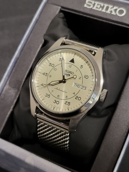 Seiko 5 Sports Automatic Cream Dial Mesh Bracelet Watch SRPH21