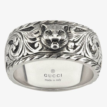 Gucci Mens Sterling Silver Gatto Feline Motif Ring